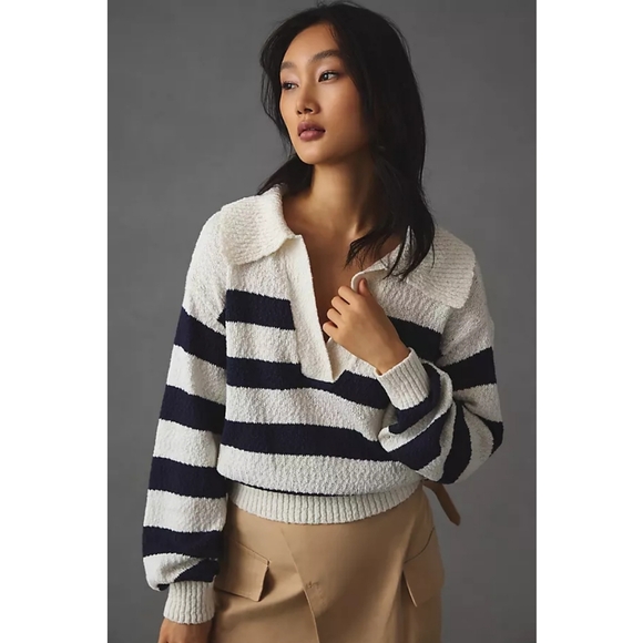 Anthropologie x MAEVEV-neck Polo Stripe Navy Sweater Medium Preppy Coastal - Picture 10 of 10